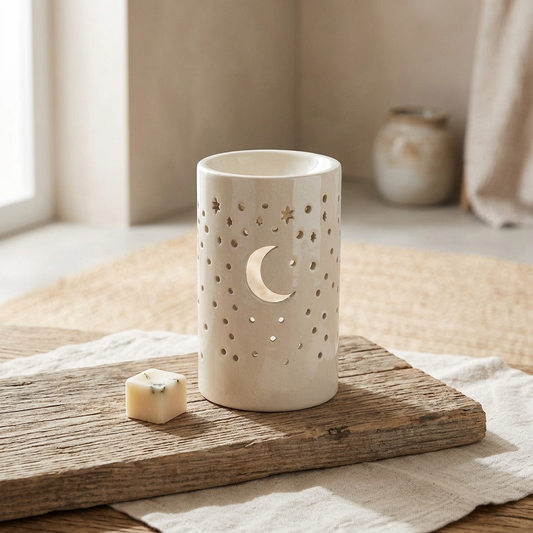 Iridescent White Moon Pillar Oil Burner & Wax Warmer | Celestial Home Fragrance & Wellness Decor