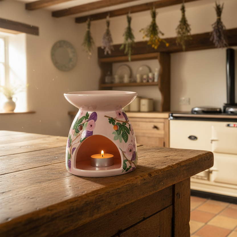 Aroma lamp on a wooden kitchen counter with a stove and shelves in the background.