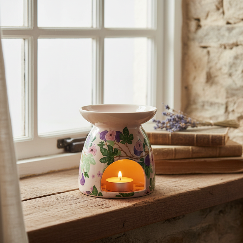 Decorative oil burner with a lit candle on a wooden surface near a window.