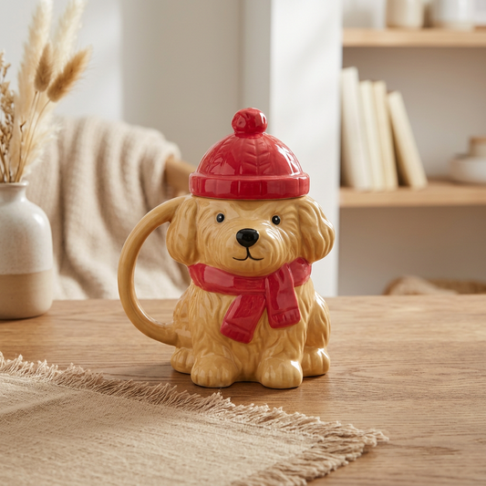 Winter Puppy Lidded Mug with Bobble Hat Lid | 480ml | Festive Christmas Drinkware