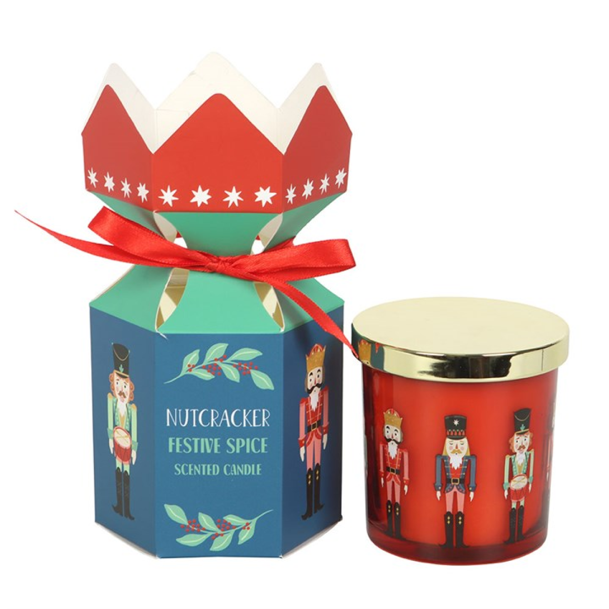 Scented candle with Nutcracker design and matching packaging on a white background