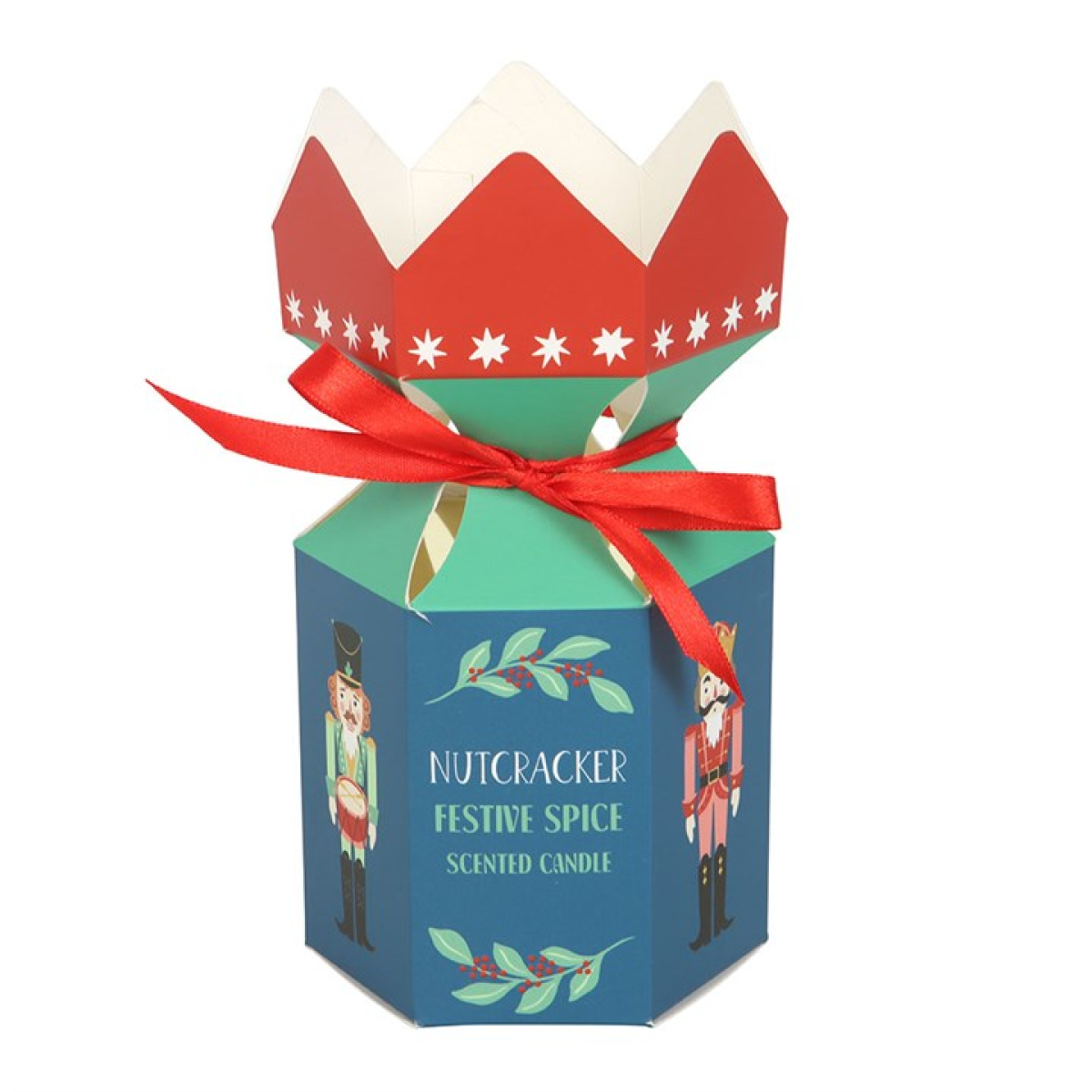 Festive spice scented candle in a decorative box with a red ribbon on a white background