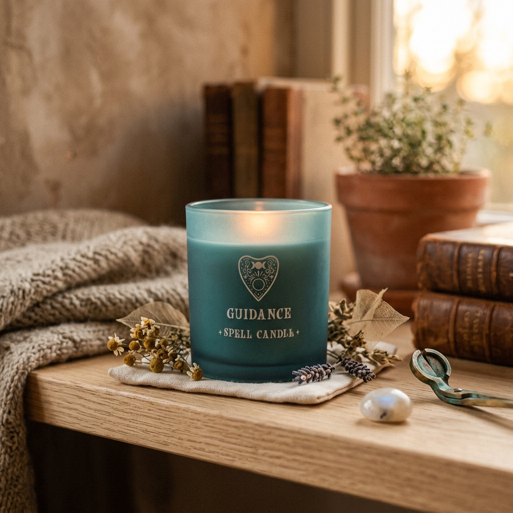 A teal glass jar candle labeled 'GUIDANCE SPELL CANDLE' sits on a wooden table surrounded by dried flowers, a pearl, a pair of scissors, and a cozy bookshelf background.