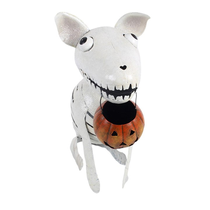 Metal Skeleton Dog Ornament with Pumpkin | Halloween Garden & Home Décor