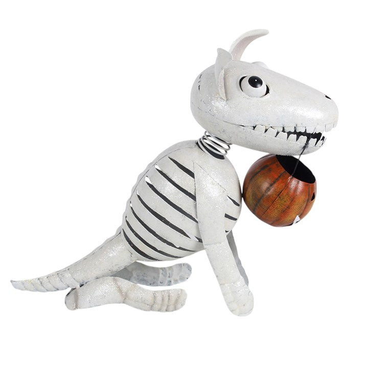 Metal Skeleton Dog Ornament with Pumpkin | Halloween Garden & Home Décor