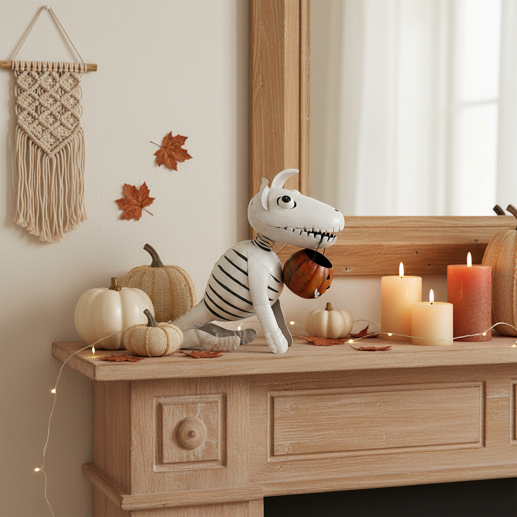 Metal Skeleton Dog Ornament with Pumpkin | Halloween Garden & Home Décor