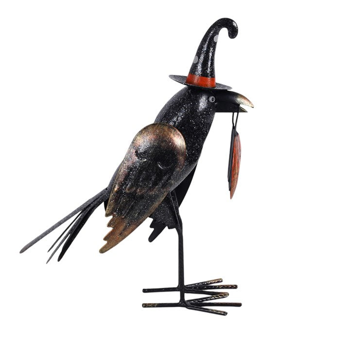 Metal Glitter Raven Ornament with Pumpkin