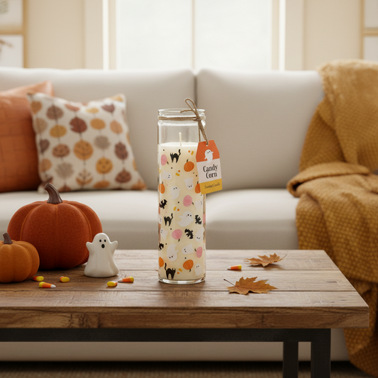 Candle with Halloween-themed design and a tag labeled 'Candy Corn' on a white background