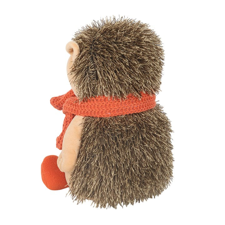 The back of a plush Hedgehog doorstop with an orange scarf on a white background.