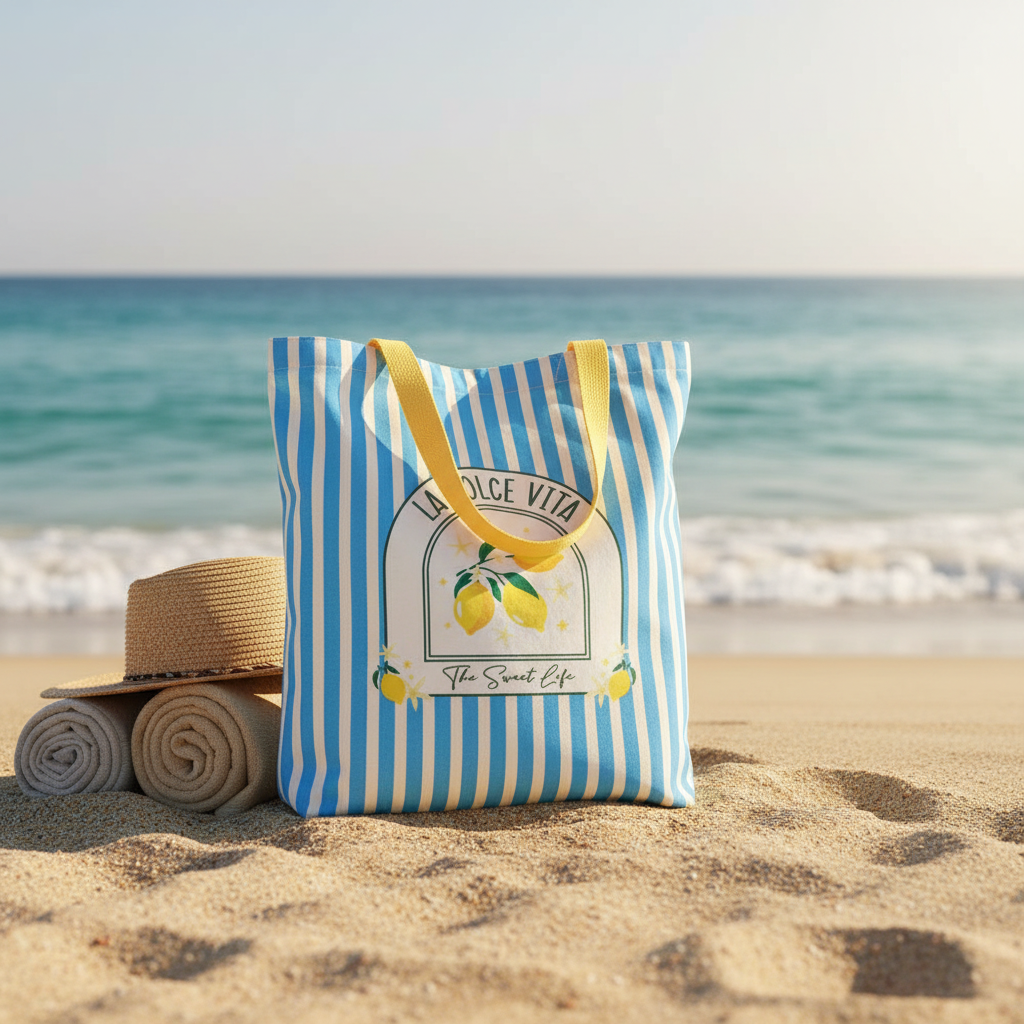La Dolce Vita Striped Tote Bag | Nautical Blue Beach Bag | Summer Reusable Bag