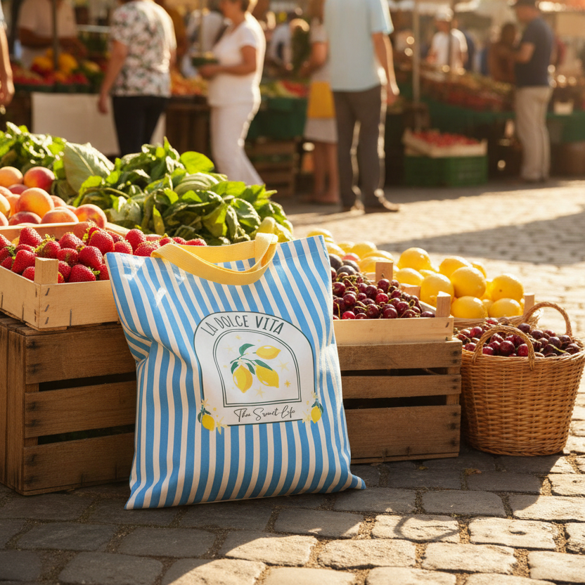 La Dolce Vita Striped Tote Bag | Nautical Blue Beach Bag | Summer Reusable Bag