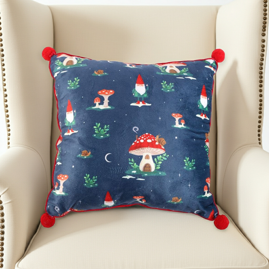 35cm Square Gnome Print Cushion with Pom Poms