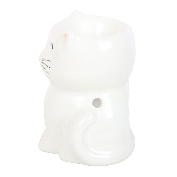White Happy Cat Oil Burner | Ceramic Sitting Cat Wax Warmer | Cat Lover Gift