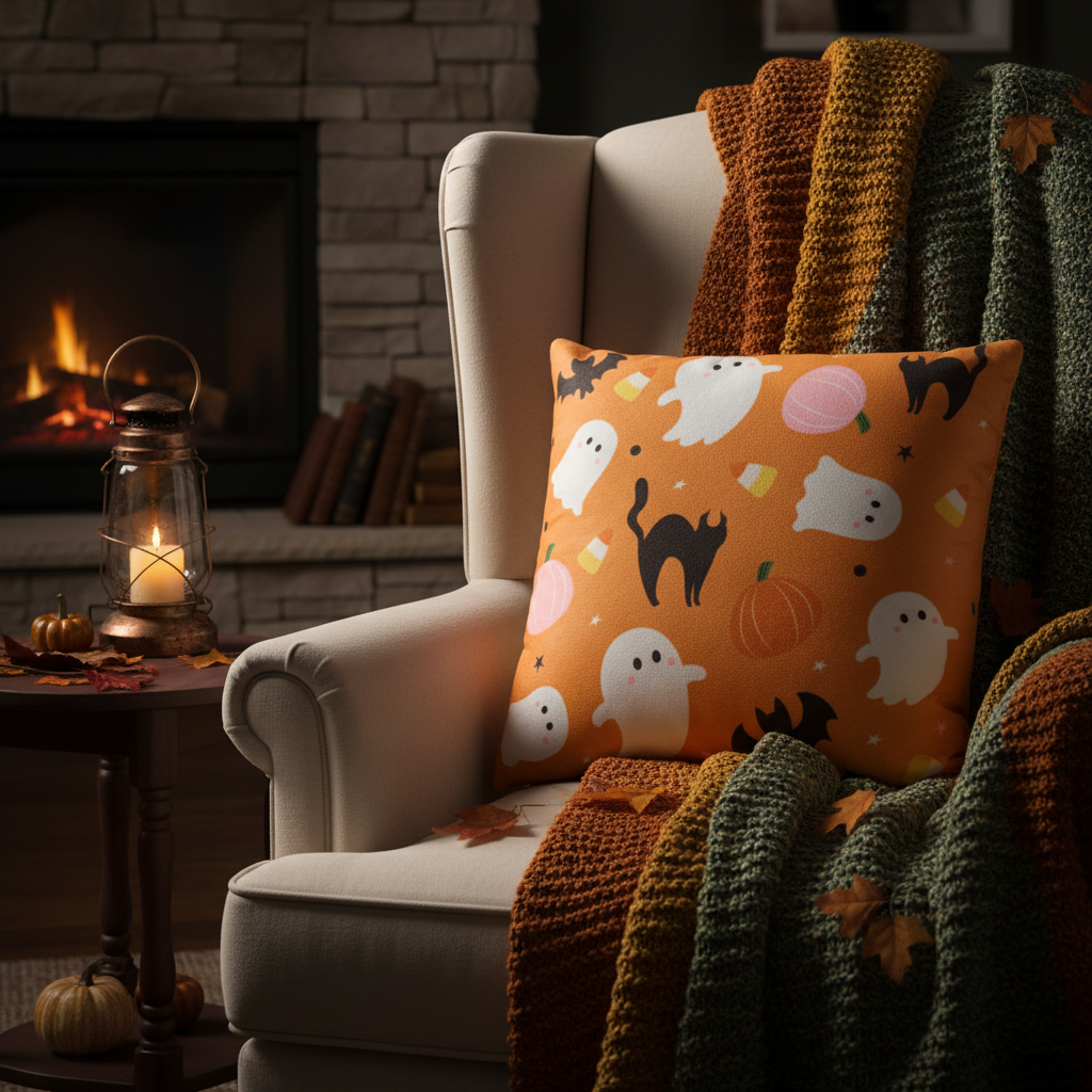 Square Sweet and Spooky Ghost Print Cushion