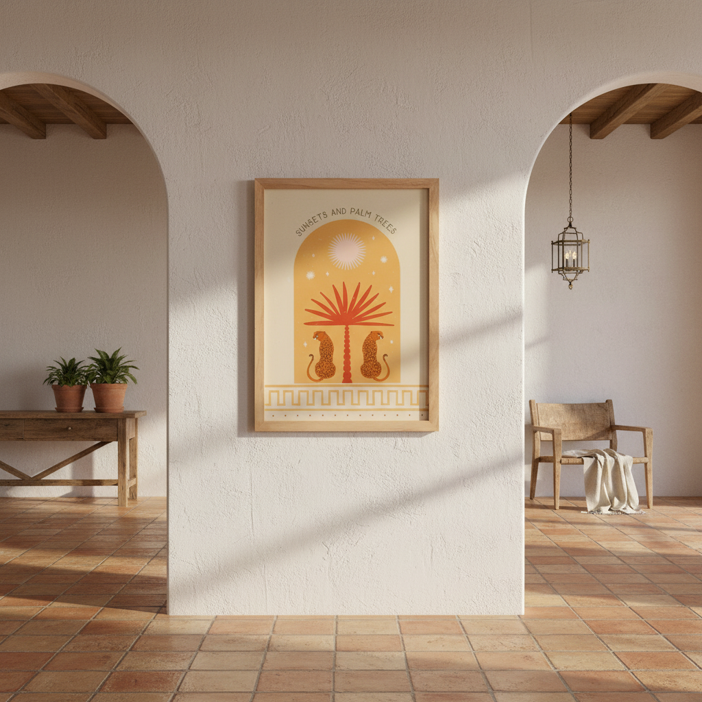 Decorative framed print on a wall in a sunlit room with wooden furniture and plants.