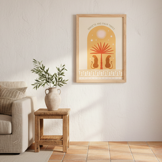 Leopard Palm Framed Wall Art | Mediterranean Coastal Décor Print