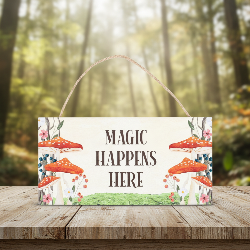 Decorative sign with 'Magic Happens Here' text and mushroom design on a wooden surface with a forest background.