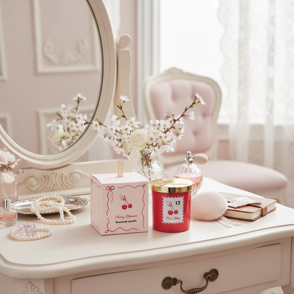 Pink vanity table with mirror, candles, and decorative items in a soft, pastel-colored room.
