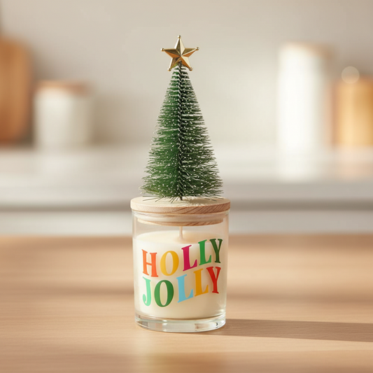 Holly Jolly Pine & Fir Glass Candle with Tree