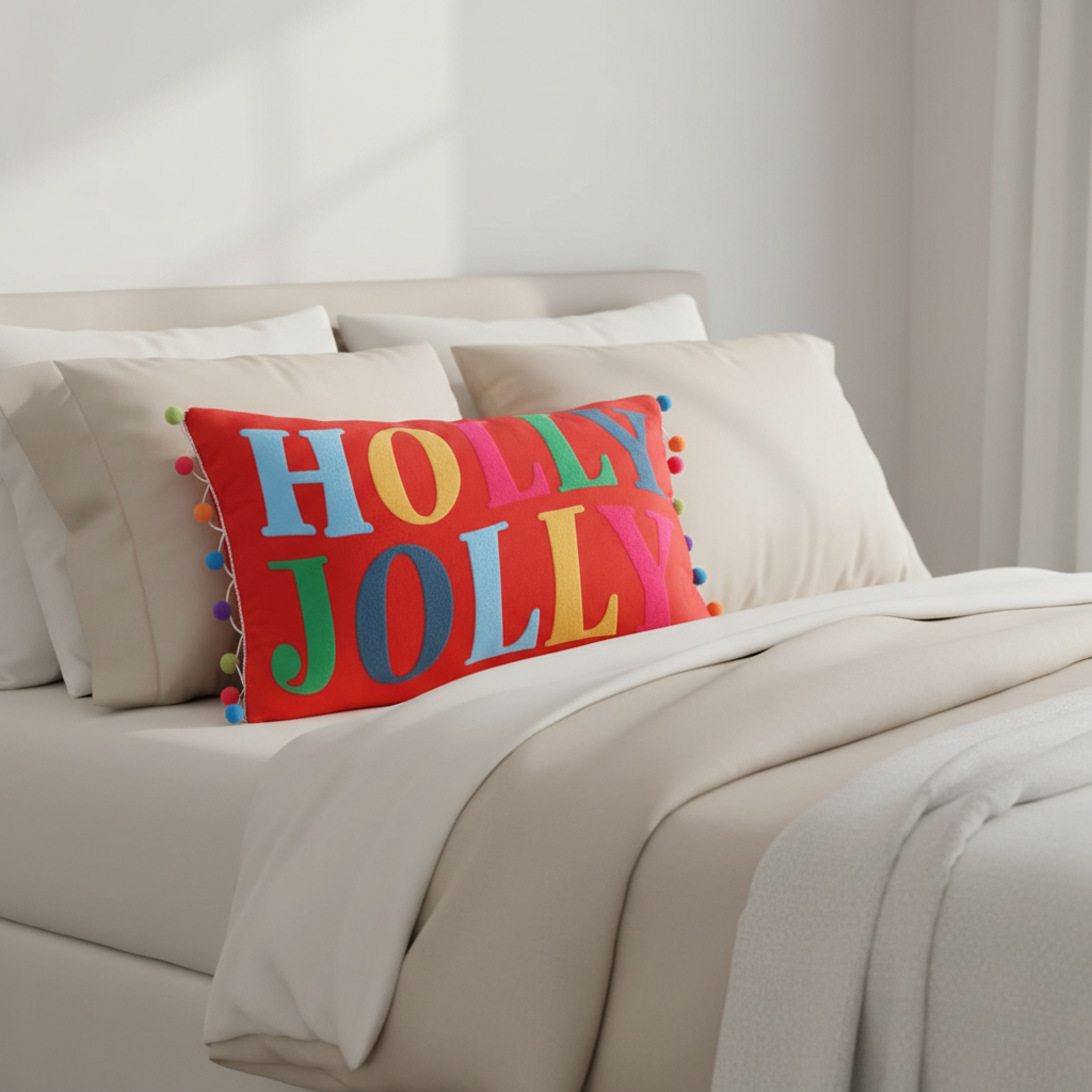Colorful 'Holly Jolly' pillow on a bed with beige bedding and pillows.