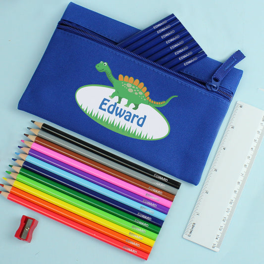 Blue Dinosaur Pencil Case with Personalised Pencils