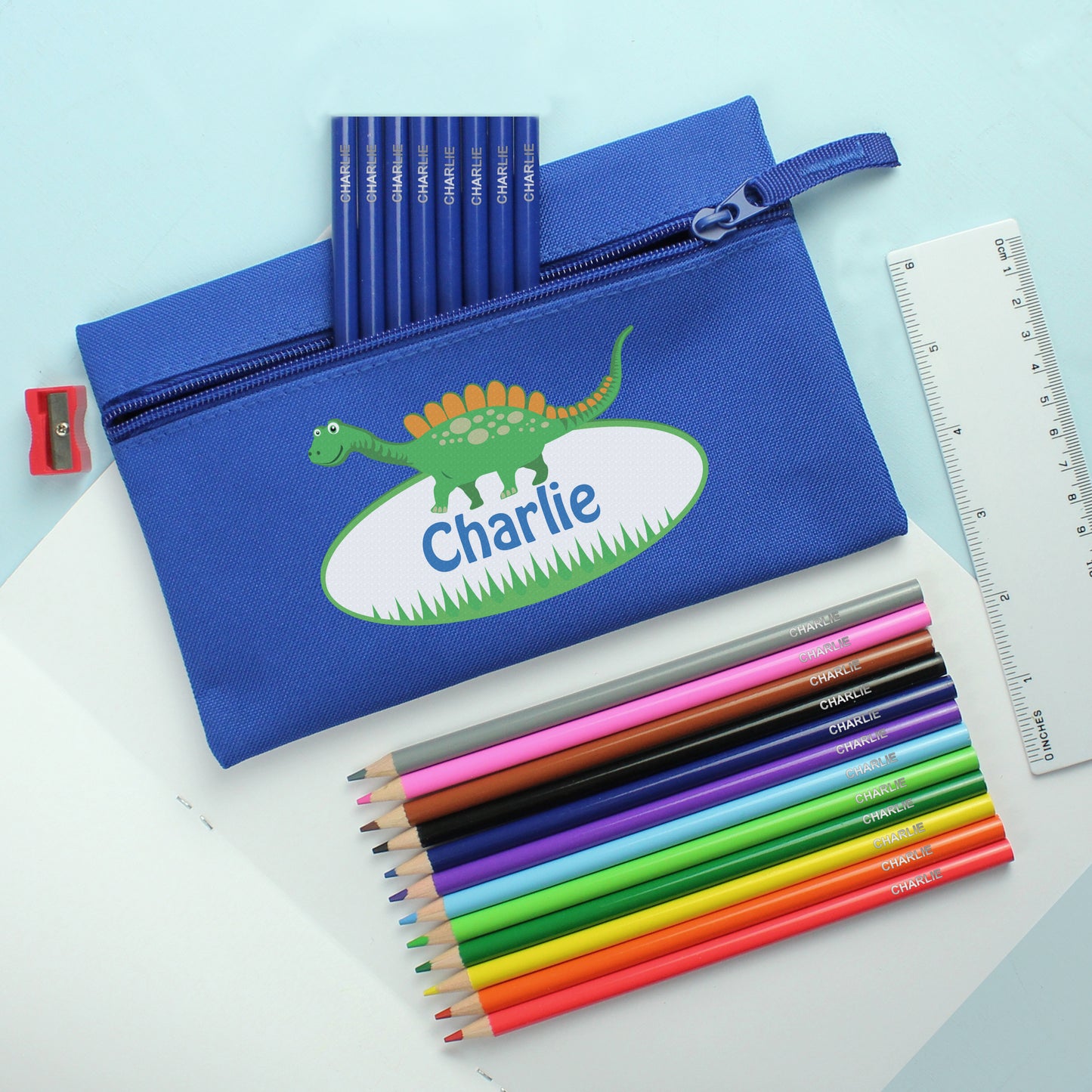 Blue Dinosaur Pencil Case with Personalised Pencils