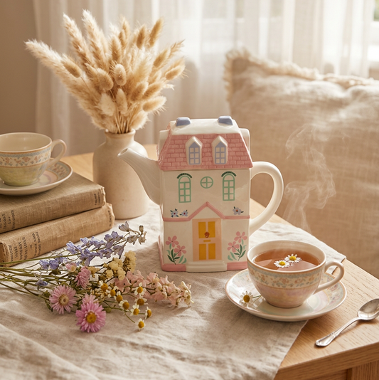 A ceramic house-shaped teapot sits on a wooden table beside a matching teacup and saucer, with dried flowers and a vase of wheat in a softly lit room.