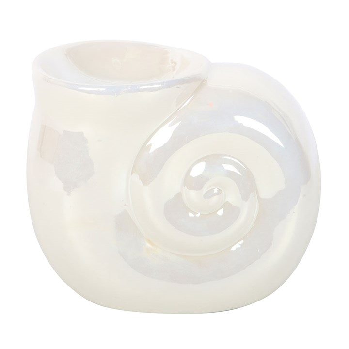 White ceramic oil burner with a spiral design on a white background