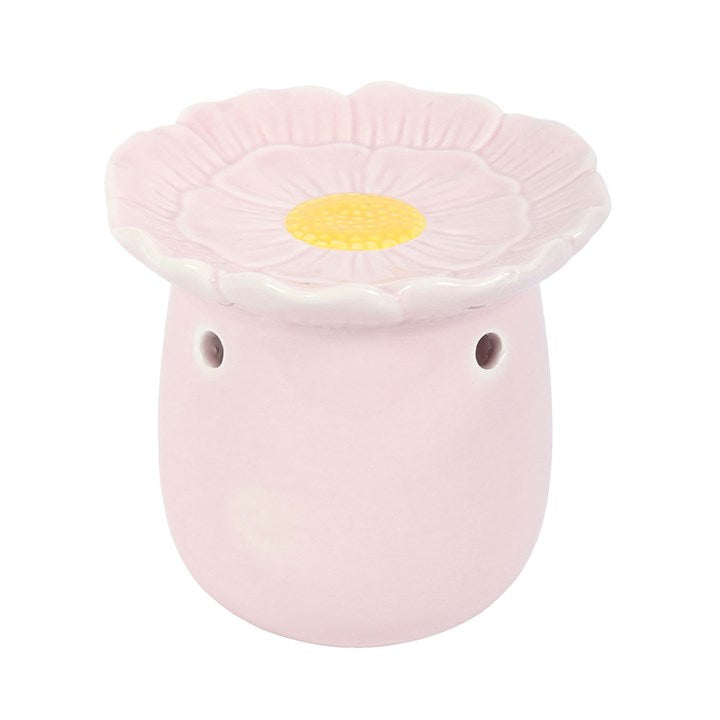 Pink ceramic flower-shaped oil burner with a yellow centre on a white background