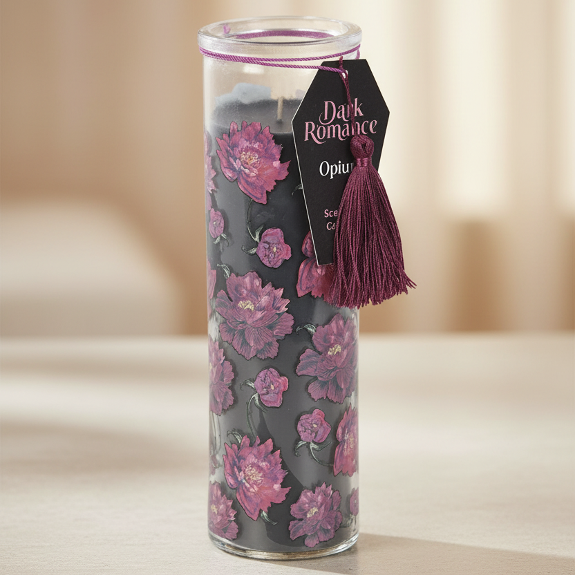 Decorative candle with floral design and a visible brand tag on a neutral background
