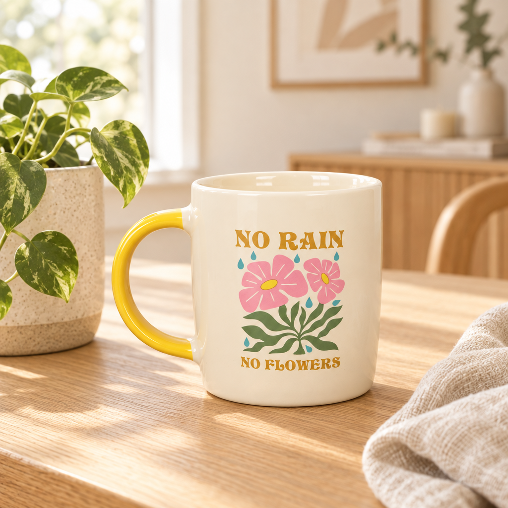 No Rain, No Flowers Mug | Positive Quote Coffee Mug | Uplifting Gift