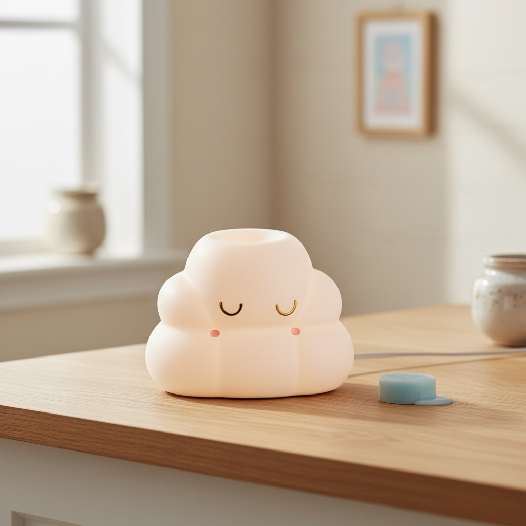 Cloud-shaped wax burner on a wooden surface with a blurred background