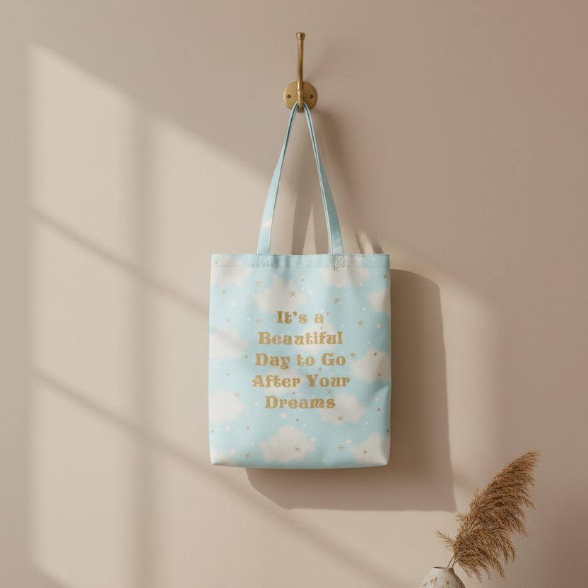 Tote bag with motivational quote on a cloud-themed background