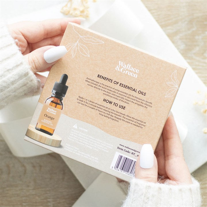 Person holding a Wallace & Green essential oils packaging with a dropper bottle illustration.