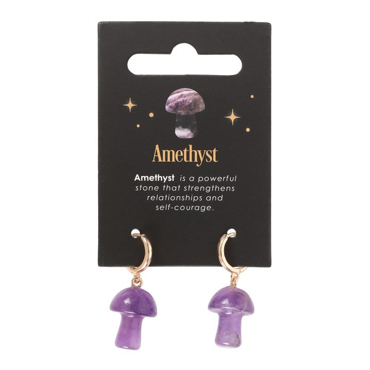 Amethyst earrings on a branded card with descriptive text.