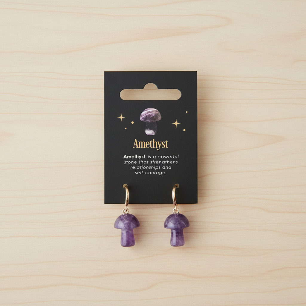 Mushroom shaped earrings made from amethyst