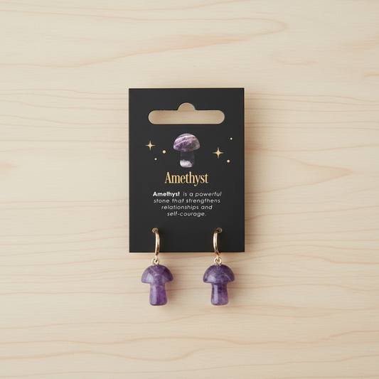 Mushroom shaped earrings made from amethyst