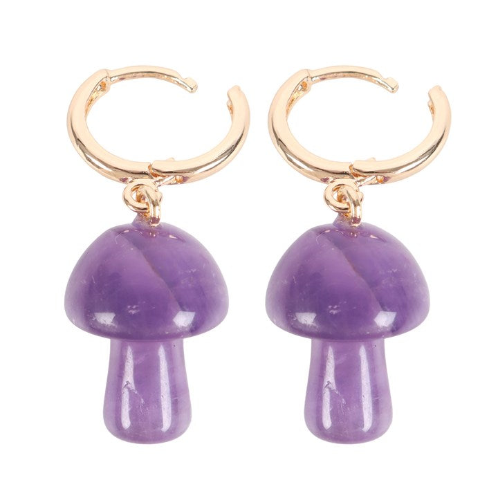 Purple mushroom-shaped earrings with gold hoop components on a white background