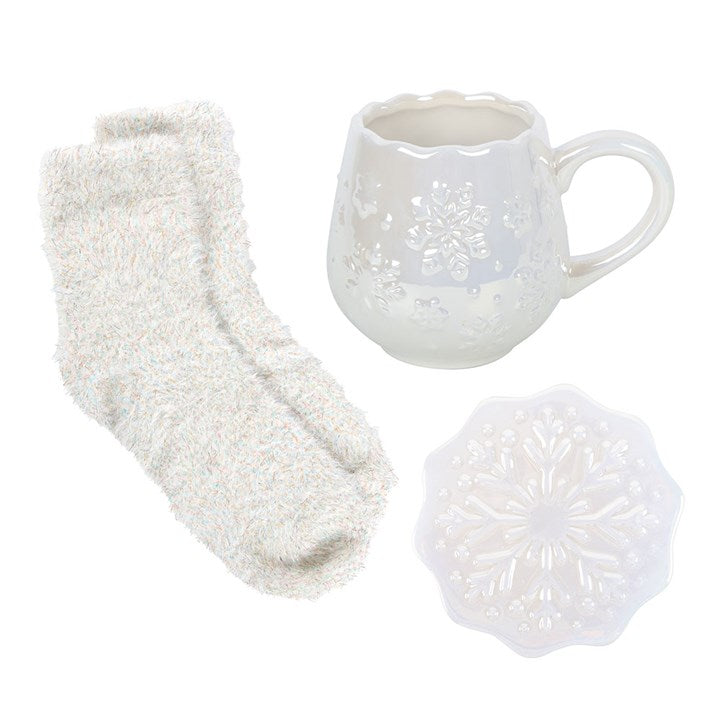 Iridescent Snowflake Mug, Coaster & Socks Gift Set | Christmas Pamper Set