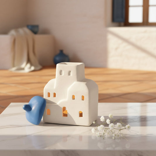 White ceramic Santorini inspired House Oil and Wax Burner with blue roof lid