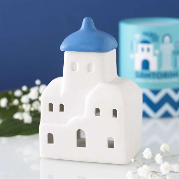 White ceramic Santorini inspired House Oil and Wax Burner with blue roof lid