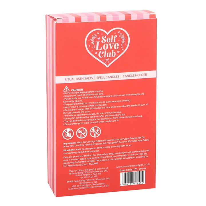 Red packaging of Self Love Club with heart design and text on a white background