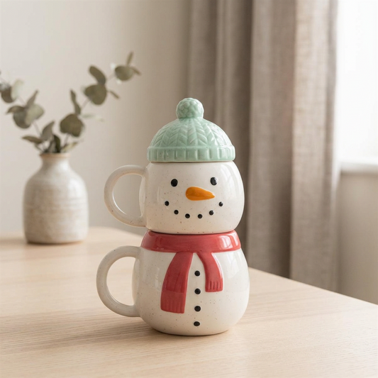 A ceramic snowman-shaped mug with a handle, stacked on top of another matching mug, set on a light wood table in a softly lit room. The top mug has a mint green knit hat and the lower mug has a red scarf, both decorated with black dot facial features and buttons.