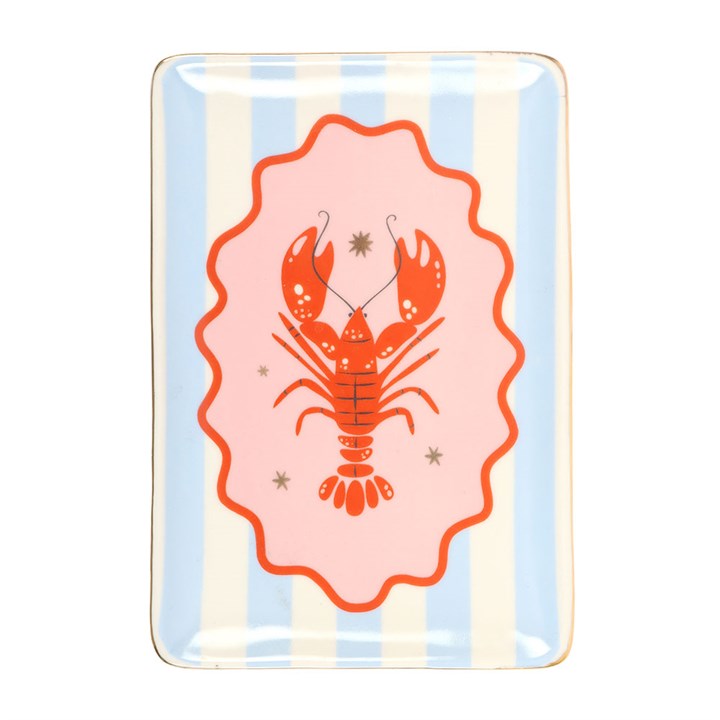 Rectangular trinket dish with a red lobster design on a striped background