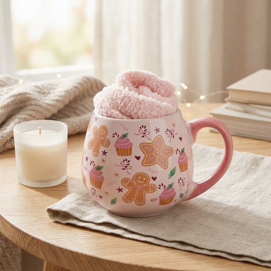 Pink and white mug with gingerbread man, cupcake and candy cane pattern on a table with a candle