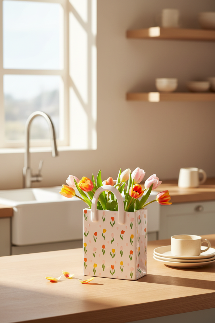 Tulip Print Ceramic Bag-Shaped Flower Vase