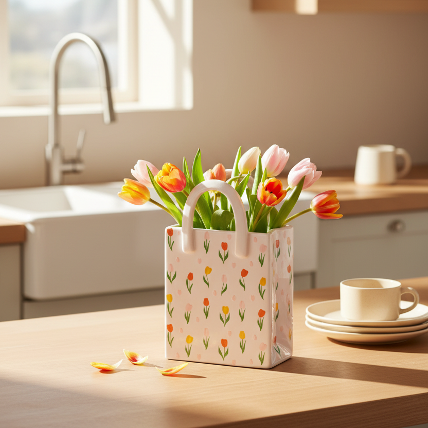 Tulip Print Ceramic Bag-Shaped Flower Vase