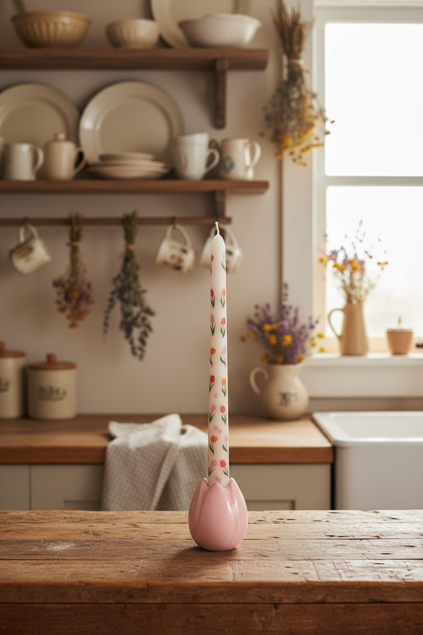 Candle in a pink holder on a wooden table with a kitchen background