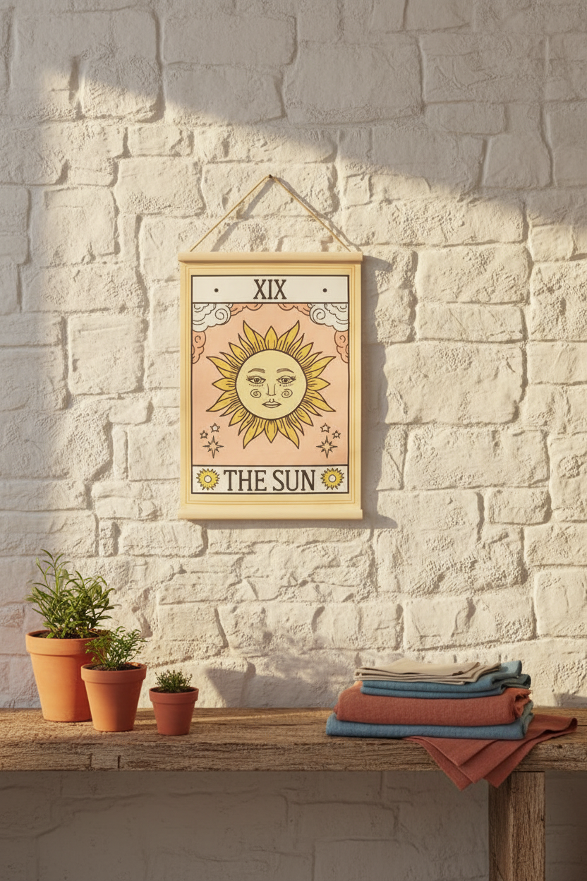 Framed poster of 'The Sun' tarot card hanging on a stone wall with plants and folded clothes below.