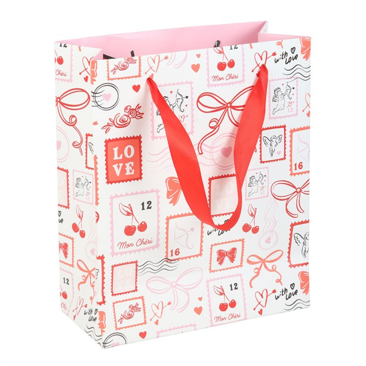 Gift bag with red handles and decorative patterns on a white background